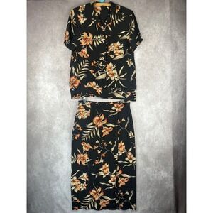 Vtg 100% Silk Floral 2 Piece Set M/L Black Tropical 90s Y2K‎ Midi Skirt & Blouse